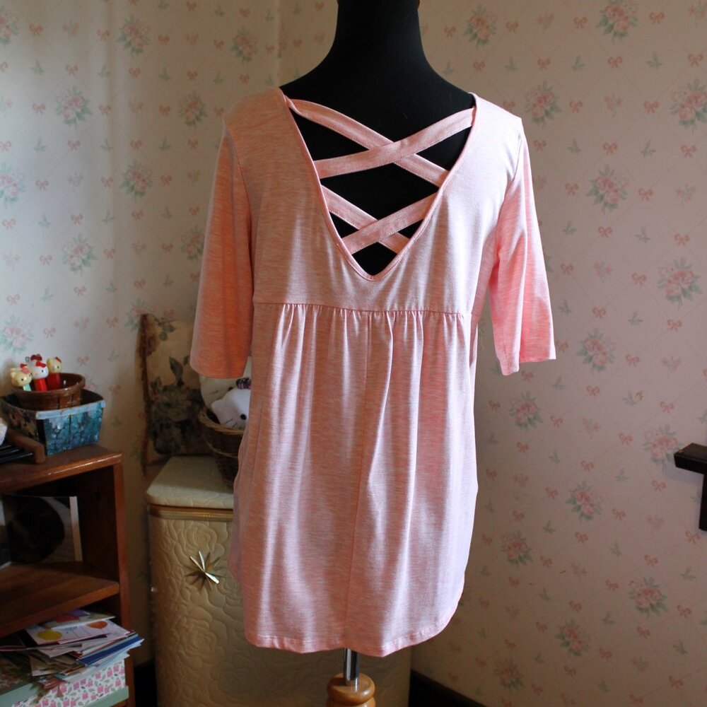 2/$10 Avon Studio 1886 Heathered Peach Tunic w/ Criss-Cross Back, Small NWOT